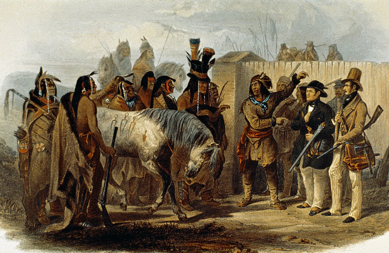 马克斯-冯-纽维德王子（1782-1867）和卡尔-博德默受到希达萨印第安人的欢迎 作者 卡尔·博德默