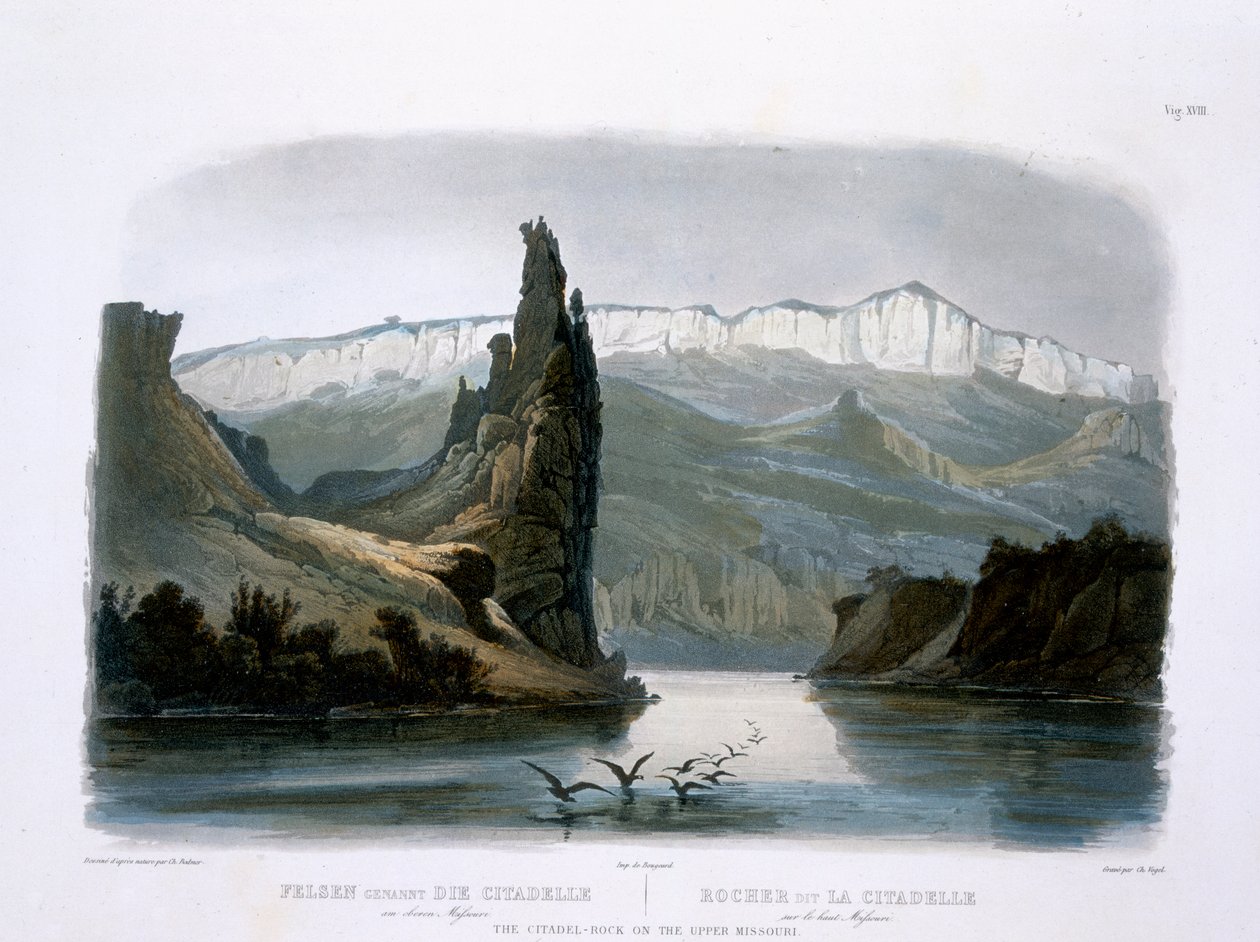 位于上密苏里州的Citadel Rock，位于“北美内陆旅行”第1卷的第18块，由Carl Vogel（1816-51）1843年刻（aquatint） 作者 卡尔·博德默