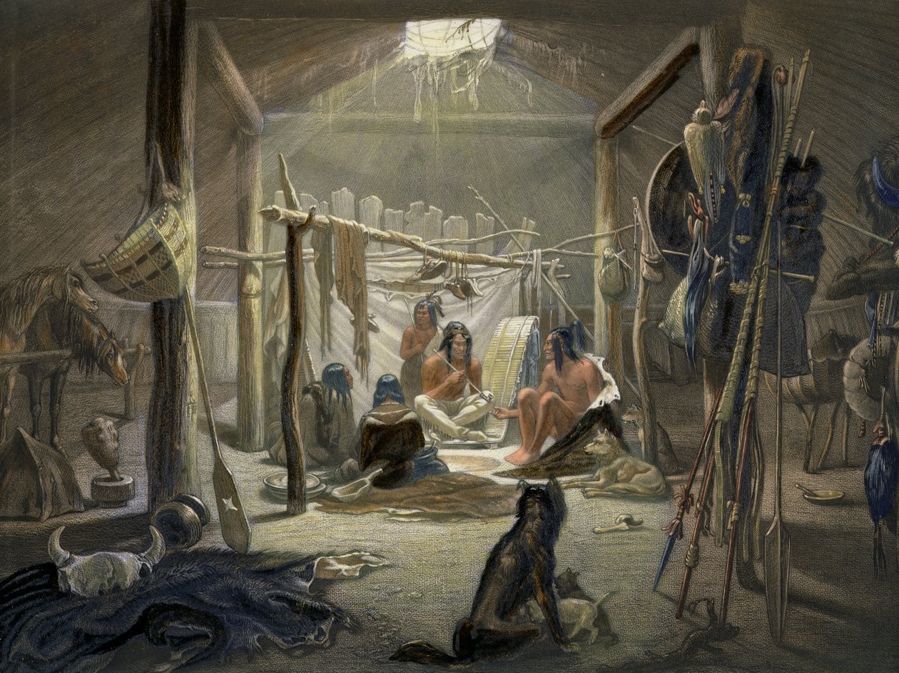Mandan酋长小屋的内部，北美洲内陆旅行第2卷的19号板，由Narcisse Desmadryl雕刻，1844年有色的aquatint细节103848 作者 卡尔·博德默