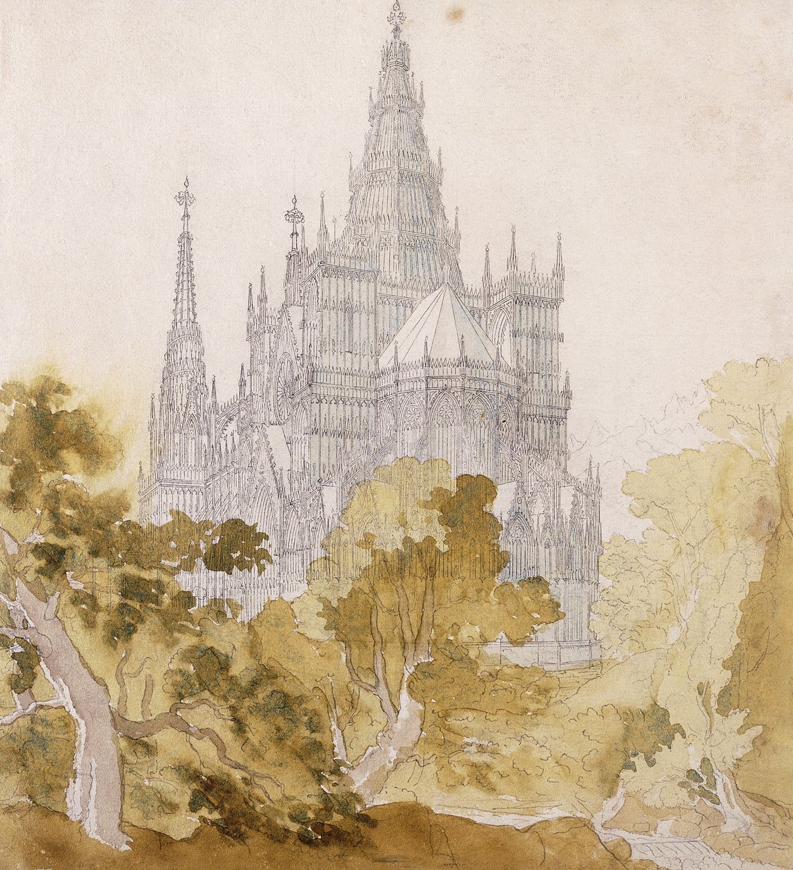 鲍曼附近的哥特式大教堂；包曼（Baumen）后面的哥特式大教堂，1814-15年 作者 卡尔·弗里德里希·辛克尔