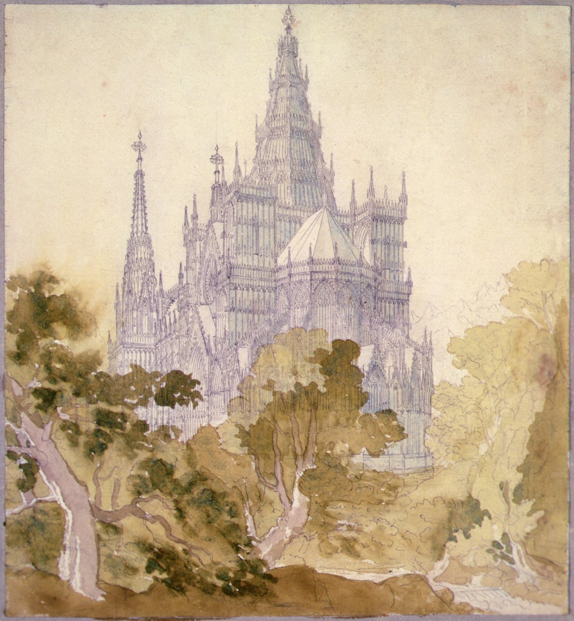 有哥特式教堂的林间风景（铅笔、墨水和水彩） 作者 卡尔·弗里德里希·辛克尔