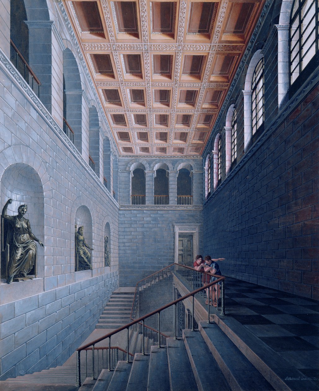 楼梯的内部视图，一个城堡的设计在Koestritz，1802-03（笔和墨水和bc在纸上） 作者 卡尔·弗里德里希·辛克尔
