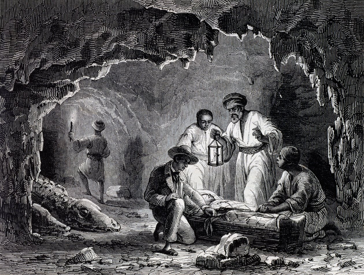 萨蒙洞穴的考古发现，根据卡尔·吉拉德 (Karl Girardet)（1813-1871 年）的绘画雕刻而成 作者 卡尔·吉拉德（Karl Girardet）