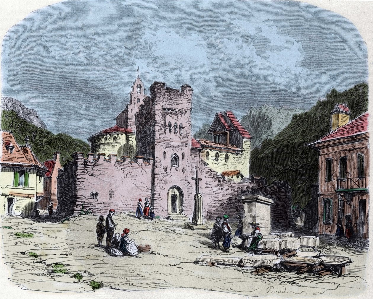Church of the Knights of the Order of the Temple (Templars) in Luz Saint Saviour (Luz-Saint-Sauveur or Luz St Saviour, Luz-St-Sauveur). Drawing by Karl Girardet (1813-1871) 作者 卡尔·吉拉德（Karl Girardet）