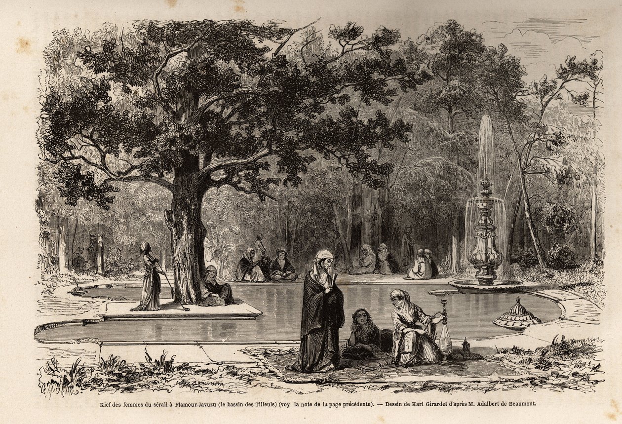 The kief of the women of the serail in Flamour-Javuzu (Flavour Javuzu), in the palace of Constantinople (present-day Itamboul), Turkey, drawing by Karl Girardet (1813-1871), to illustrate a visit to the serail in 1860, by an anonymous woman. Engraving in “ 作者 卡尔·吉拉德（Karl Girardet）