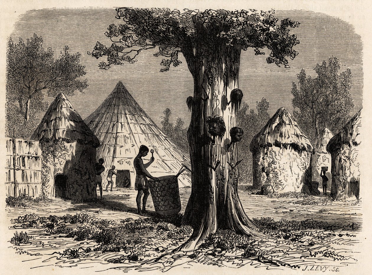 战争之树，位于苏丹 Bahr-el-Gazal 地区 Djour 的一个村庄，由 Karl Girardet（1813-1871 年）绘制，用于说明 1856-1857 年 A. Bolognesi 瞪羚的河流之旅。 雕刻在“Le tour du monde”，Edouard Charton 编辑 作者 卡尔·吉拉德（Karl Girardet）