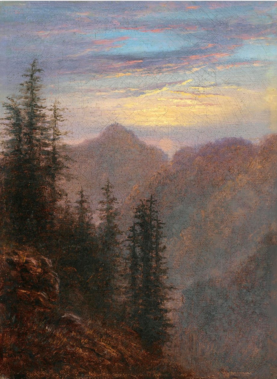 ""Paysage de montagne au crepuscule"" (Mountain landscape at dusk) Peinture de Carl Gustav Carus (1789-1869) 19eme siecle Oil on canvas Dim 20,6x15,1 cm Collection privee 作者 卡尔·古斯塔夫·卡鲁斯
