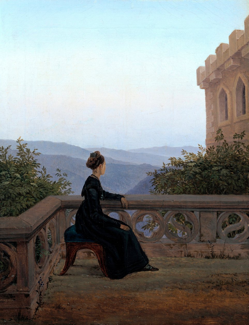 ""Portrait de femme sur une terrasse"" ( Woman on the Balcony) Peinture de Carl Gustav Carus (1789-1869) Oil on canvas 1824 Dim 42x32 cm State Art Gallery, Dresde 作者 卡尔·古斯塔夫·卡鲁斯