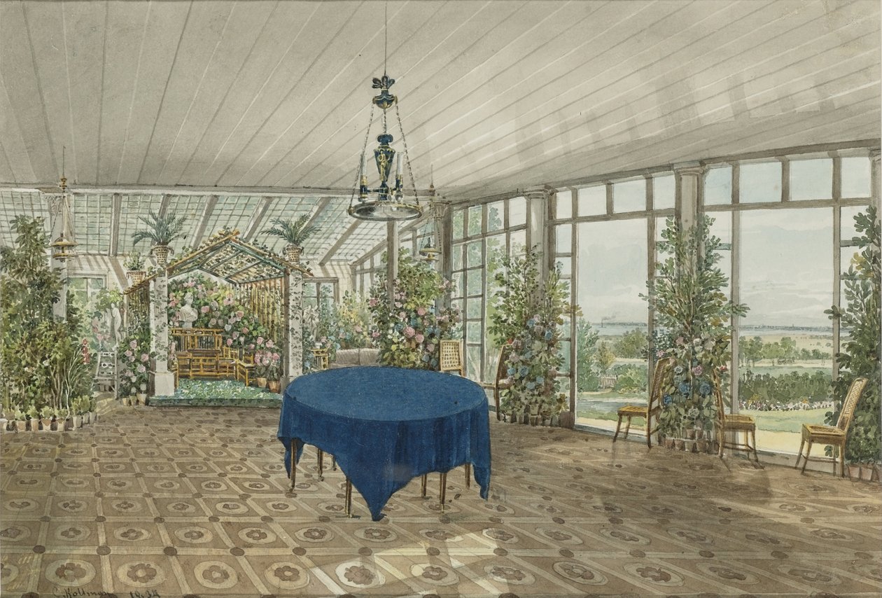 Vielgorsky Pavlino庄园的冬季花园，1834年 作者 卡尔·伊万诺维奇·科尔曼
