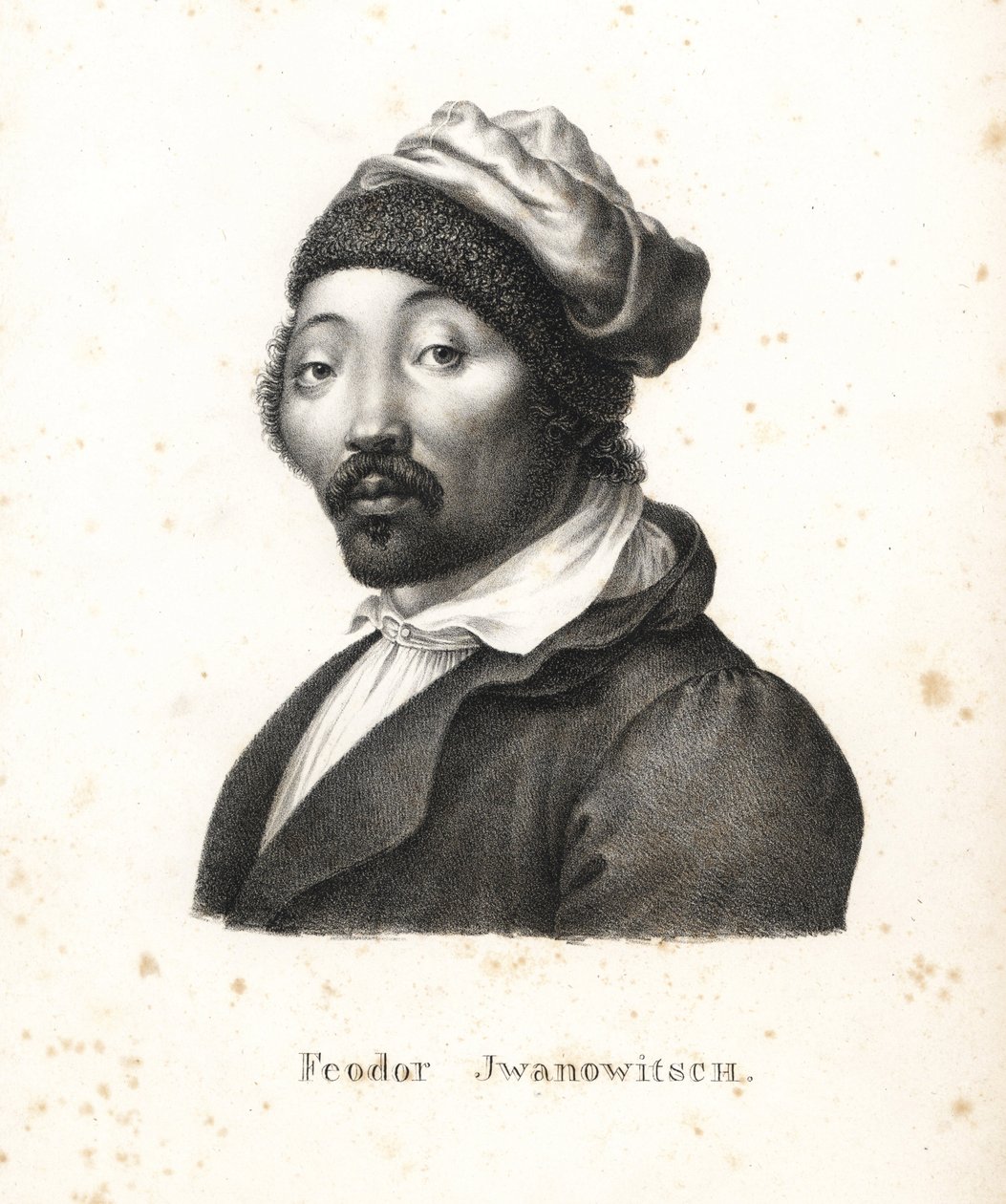 Feodor Jwanowitsch，被俄国人绑架的卡尔梅克游牧民，后来成为一名画家和铜版雕刻家。卡尔-约瑟夫-布罗特曼的石版画，选自海因里希-鲁道夫-申茨的《人与动物自然史图解 作者 卡尔·约瑟夫·布罗特曼