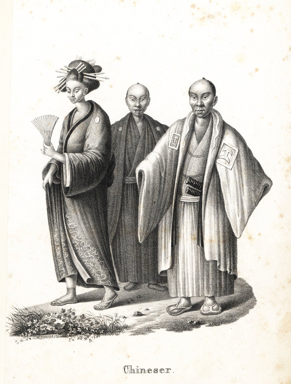 日本花魁和武士日本花魁身着和服，头戴扇子和发饰；两名日本武士头戴髻，身着僧衣，腰系双刀（武士刀）。(卡尔-约瑟夫的石版画 作者 卡尔·约瑟夫·布罗特曼