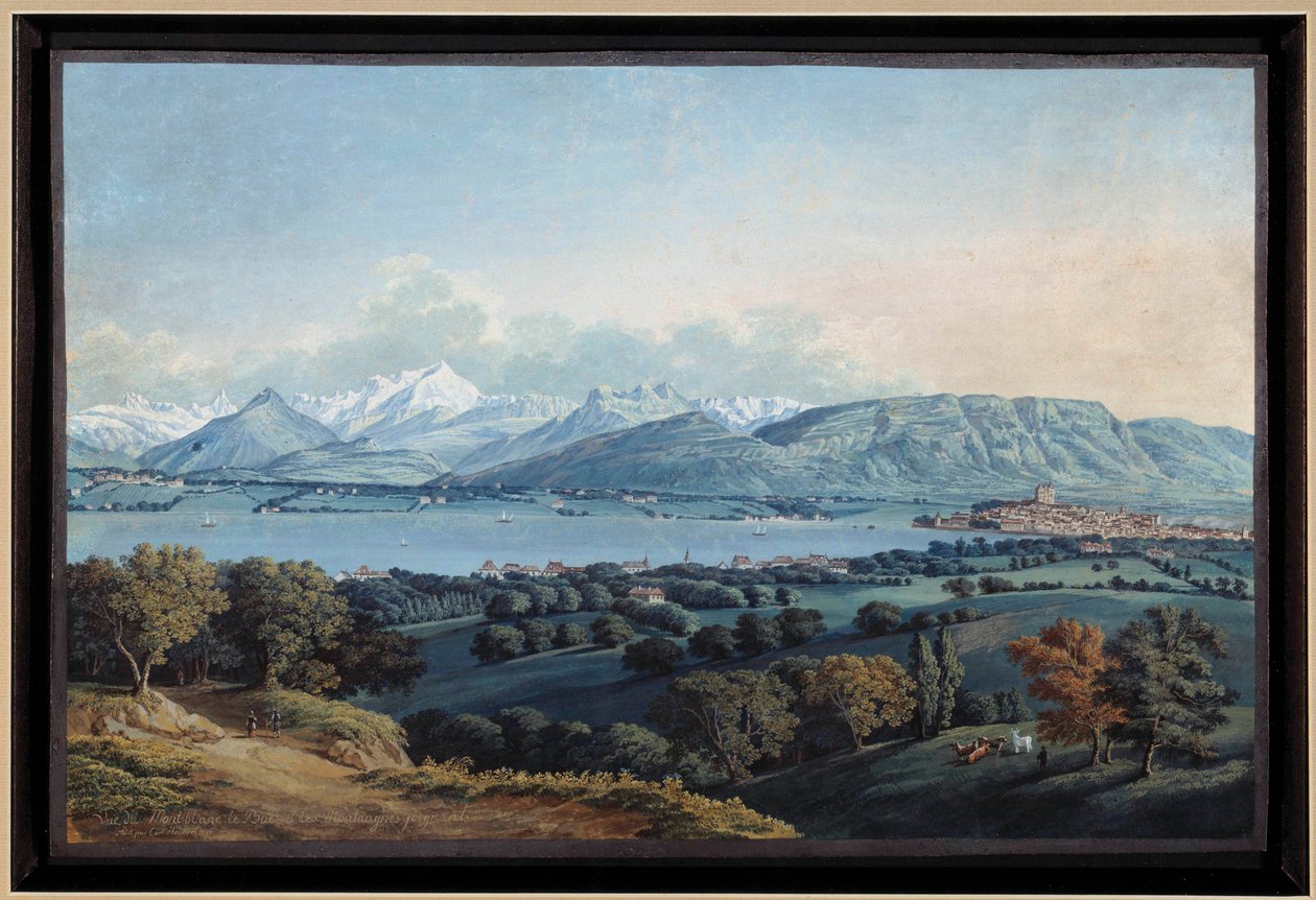 日内瓦与莱芒湖和勃朗峰的景色 卡尔-哈克特（1740-1800）的水彩画 19世纪 私人收藏 作者 卡尔·路德维希·哈克特
