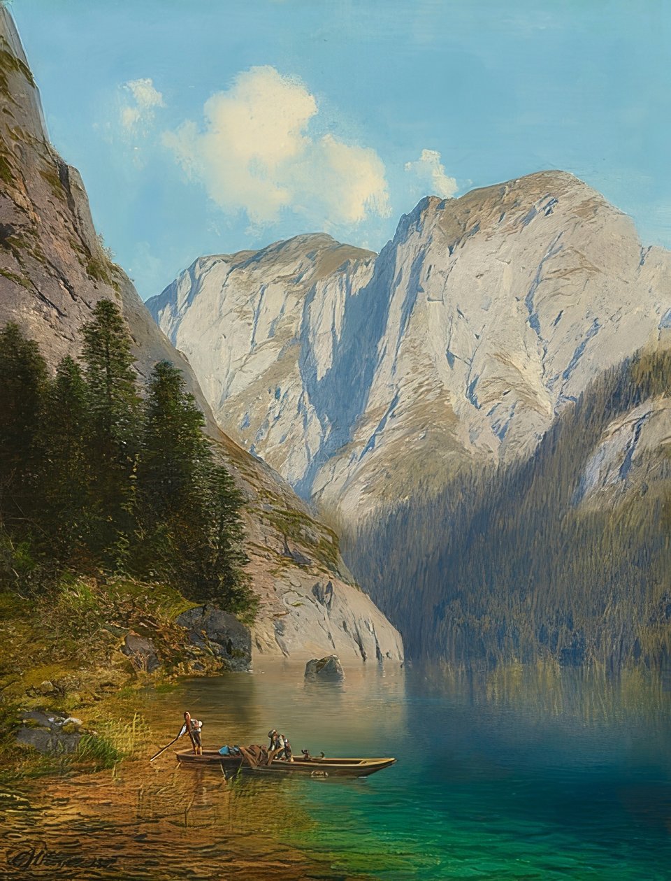 海上的渔夫在一个山下湖的银行。 1882 作者 卡尔·米尔纳