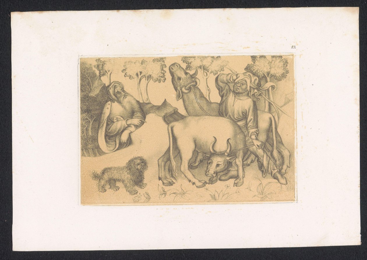 Paulus van Thebe bekijkt man met twee ossen
十五世纪荷兰绘画大师的素描和研究作品。根据保存在柏林皇家图书馆的原作绘制（系列名称） 作者 卡尔·帕尔佐