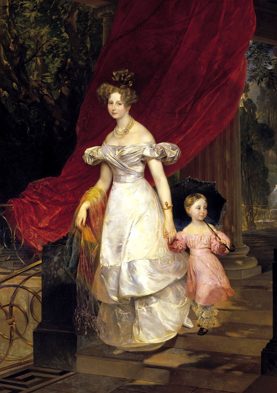 俄罗斯大公夫人埃琳娜-帕夫洛夫娜1807-1873年与女儿玛丽亚的肖像，1830年。 作者 卡尔·巴甫洛维奇·布留洛夫