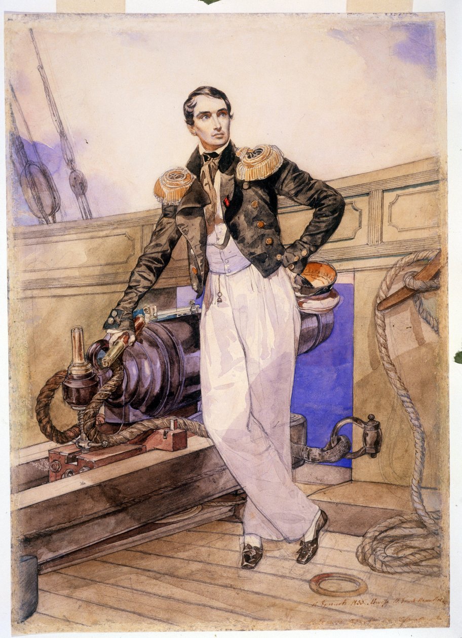 弗拉基米尔·阿列克谢耶维奇·科尔尼洛夫（Vladimir Alekseevich Kornilov，1806-1854））在地米斯托克利号双桅船上。 （弗拉基米尔·阿列克谢耶维奇·科尔尼洛夫登上双桅船地米斯托克利号）。 克里米亚战争（1853-1856 年）英雄、黑海舰队海军军官兼参谋长站立 作者 卡尔·巴甫洛维奇·布留洛夫
