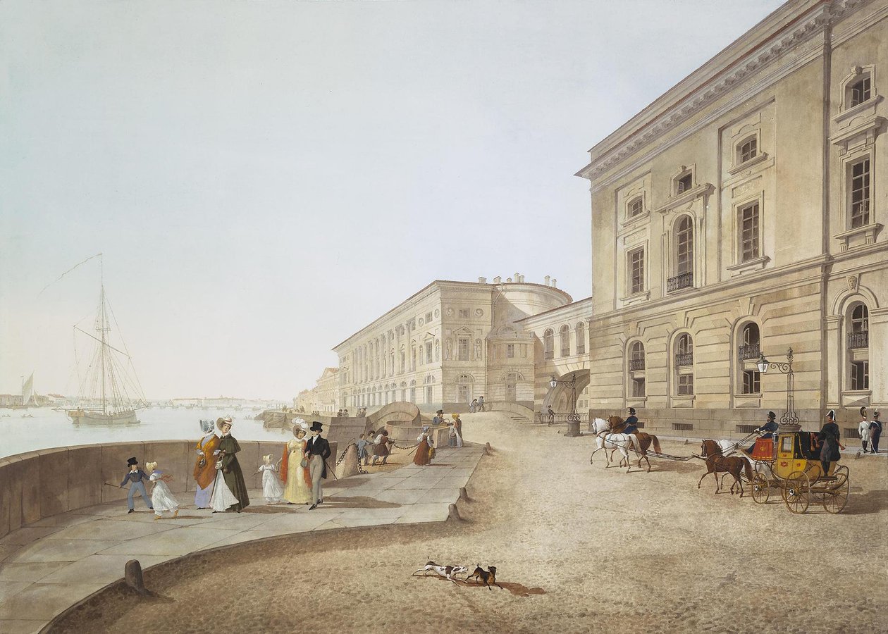 旧的冬宫建筑，涅瓦河路堤的景色，1824年 作者 卡尔·彼得罗维奇·贝格罗夫