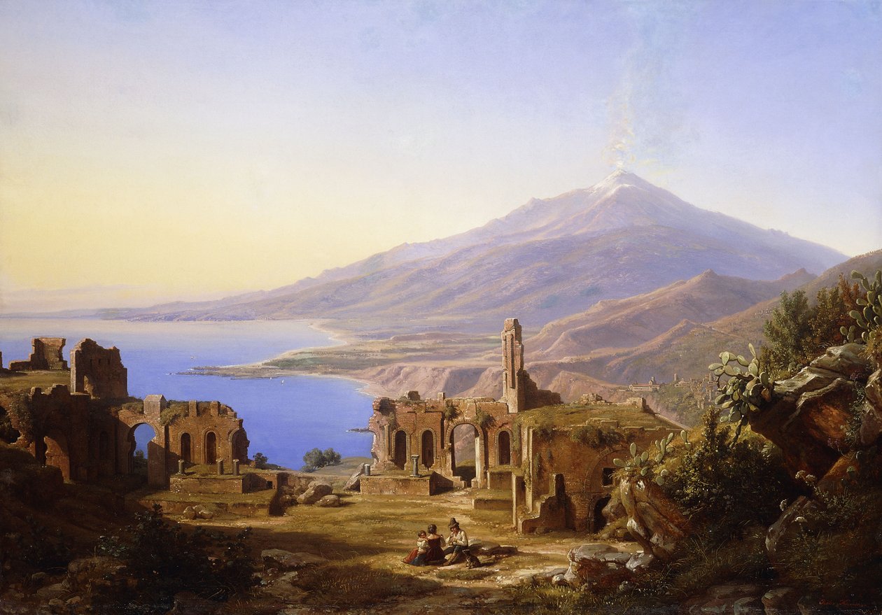 陶尔米纳希腊剧院，埃特纳火山外，1852年 作者 卡尔·罗伯特·库默