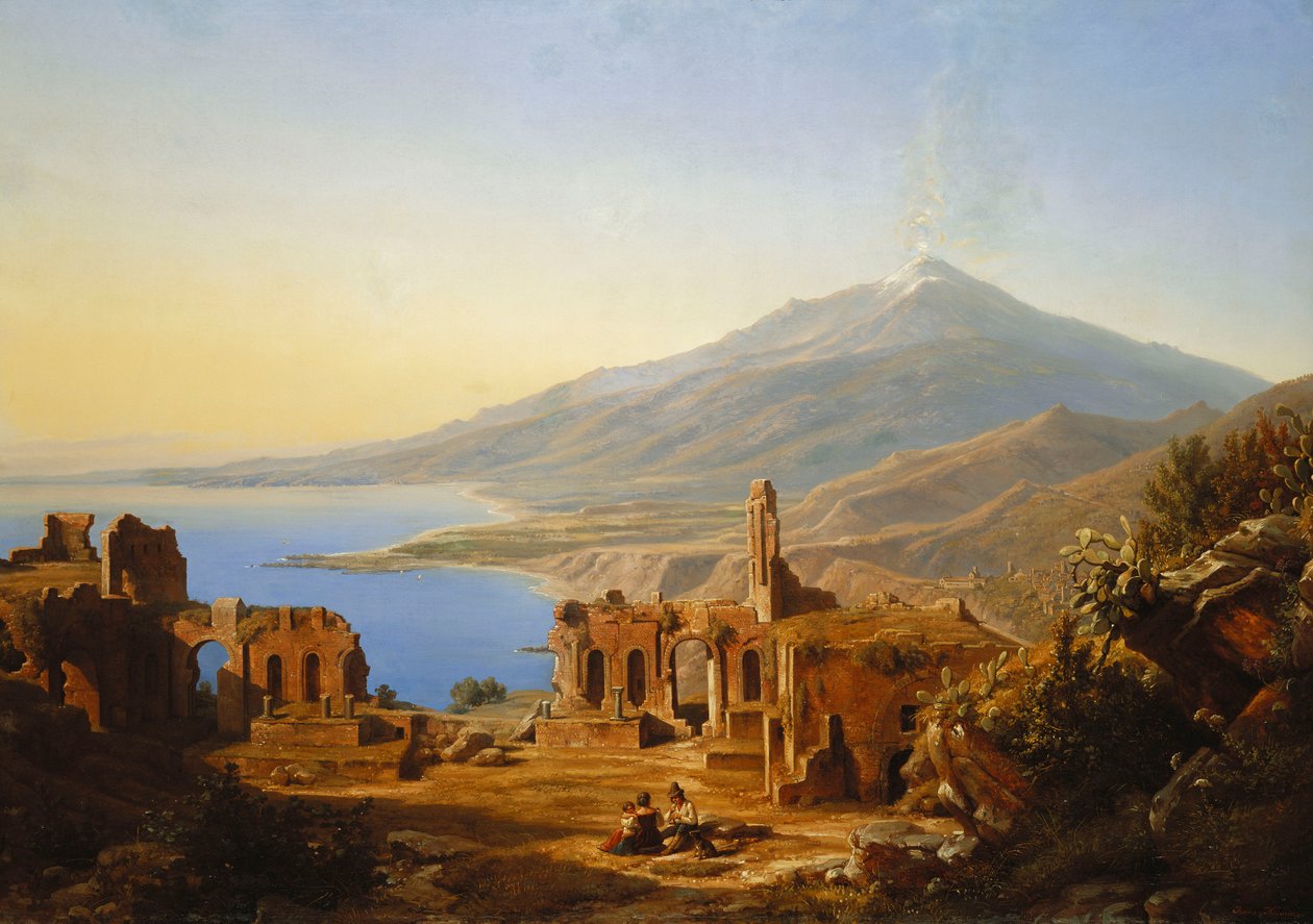 陶尔米纳希腊剧院，埃特纳火山外，1852年 作者 卡尔·罗伯特·库默