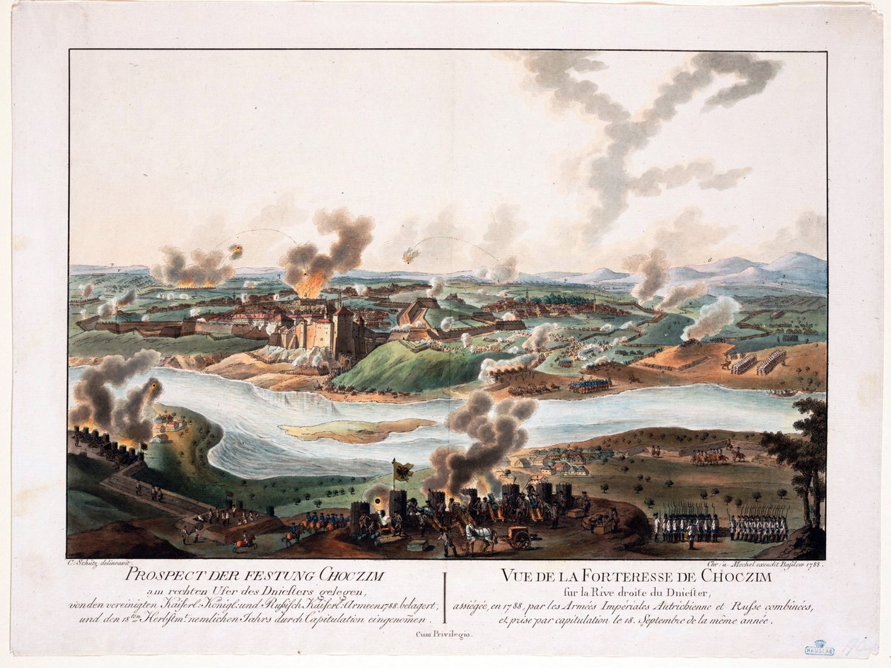1788 年对 Khotyn (Chocim, Chotyn, Hotin, Choczim ou Khotine, 乌克兰) 的围攻 - Schuetz, Carl (1745-1800) - 1788 - 铜版画，水彩 - 36,6x48,3 - 私人收藏 作者 卡尔·冯（后）保护