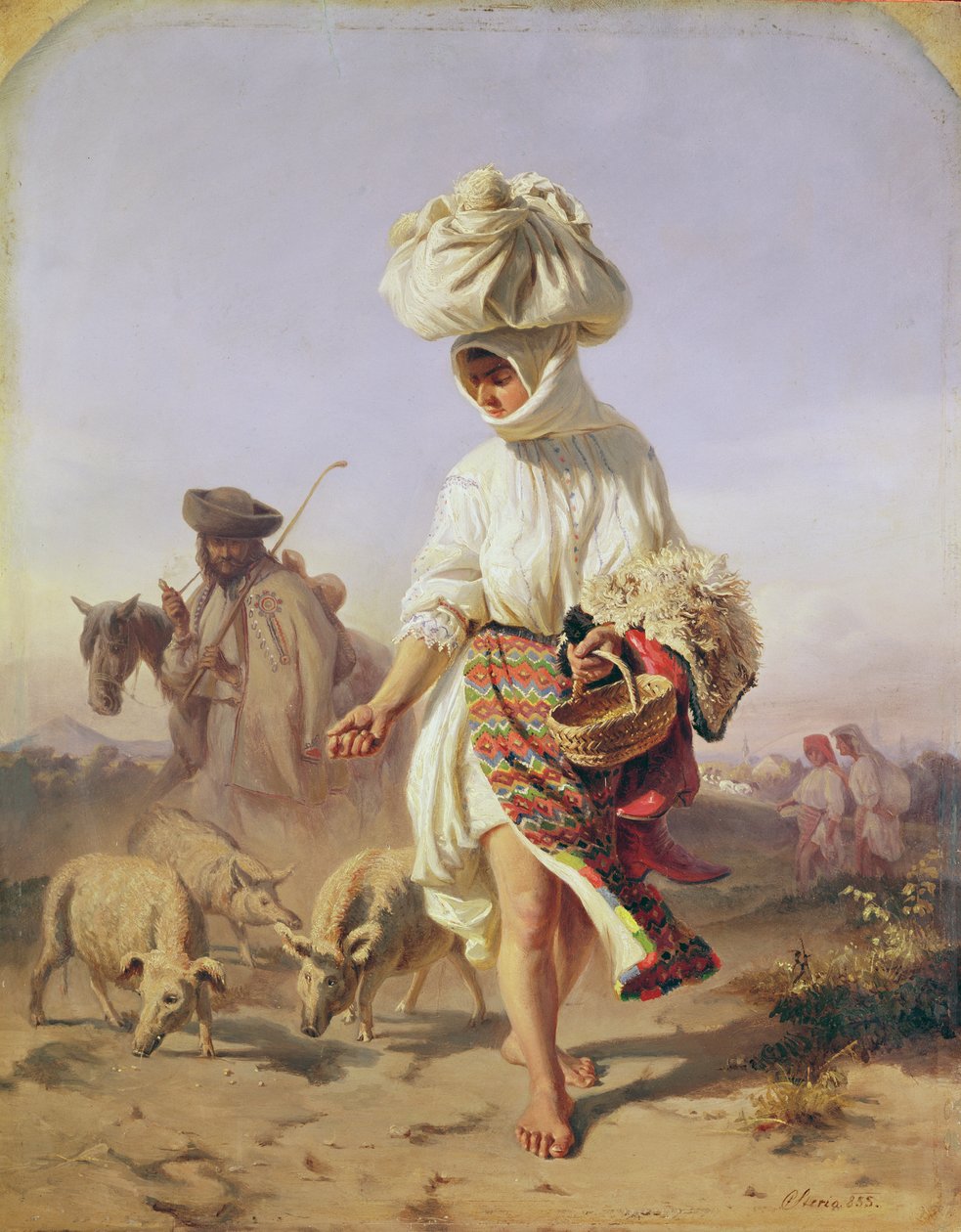 农民女孩喂养猪，1855年 作者 卡罗莉·斯特里奥（Karoly Sterio）