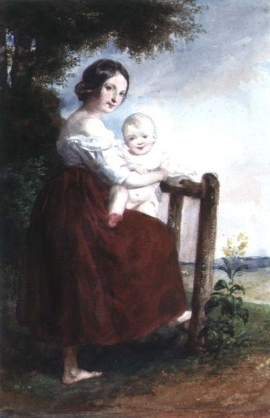 抱着婴孩的女孩：风景背景 作者 Karoly或Charles Brocky