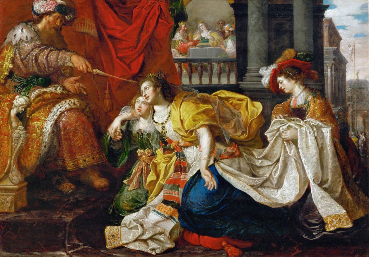 Baroque : Esther devant Assuerus - Esther before Ahasuerus par Van den Hoecke, Gaspar (ca 1585-after 1648). Oil on canvas. Art History Museum, Vienne 作者 卡巴斯尔（Kasper）或加斯珀·范·登·霍克（Gaspar van den Hoecke）