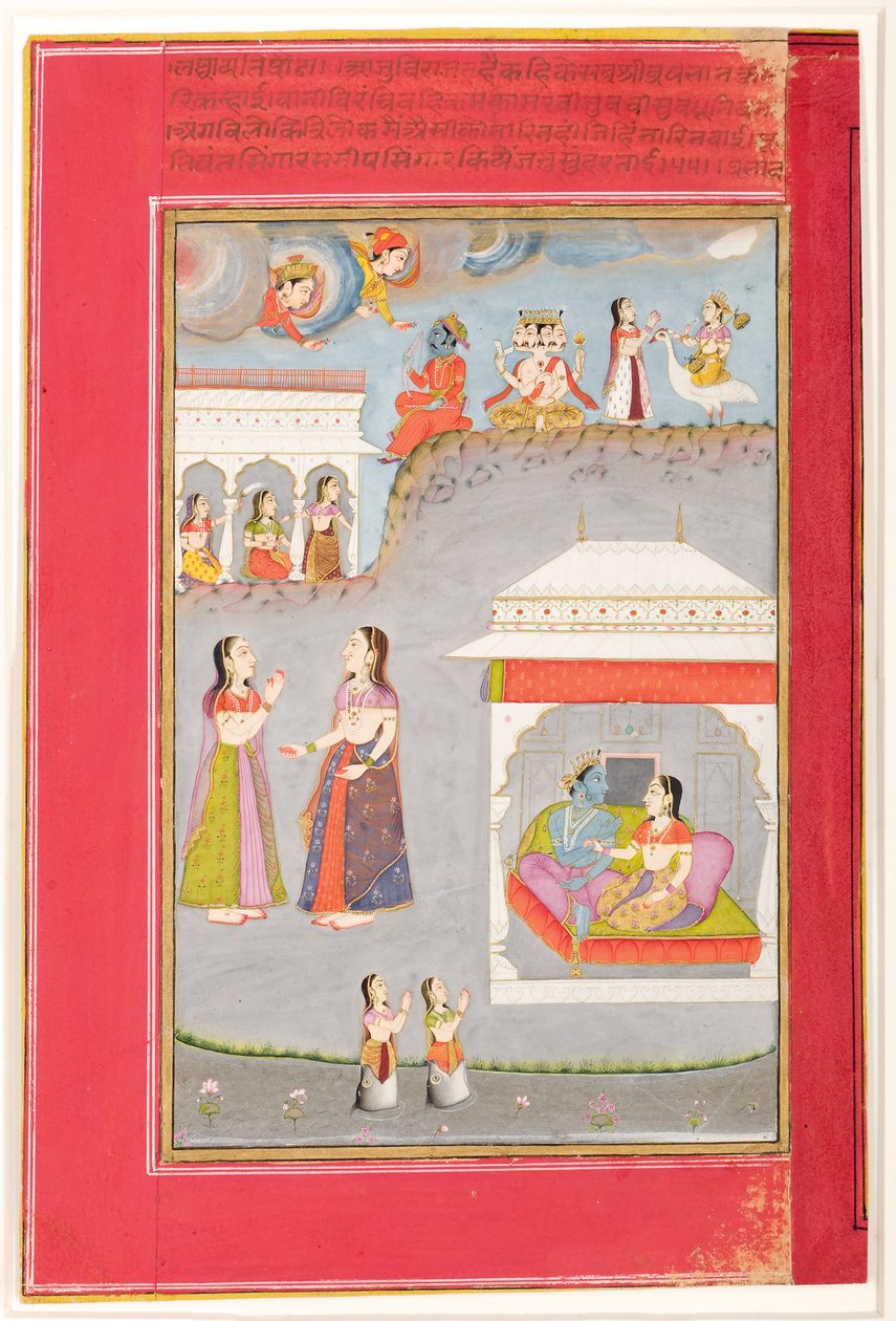 Labdhapraudha Nayika：1750年上面的一个亭子，Kama，Brahma和Sarasvati的恋人（不透明的纸和黄金） 作者 卡萨姆
