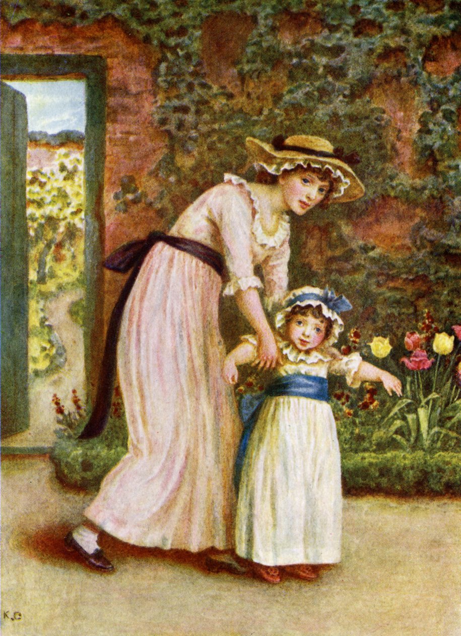 两个女孩在花园里，由凯特格林纳威 作者 凯特·格林威（Kate Greenaway）