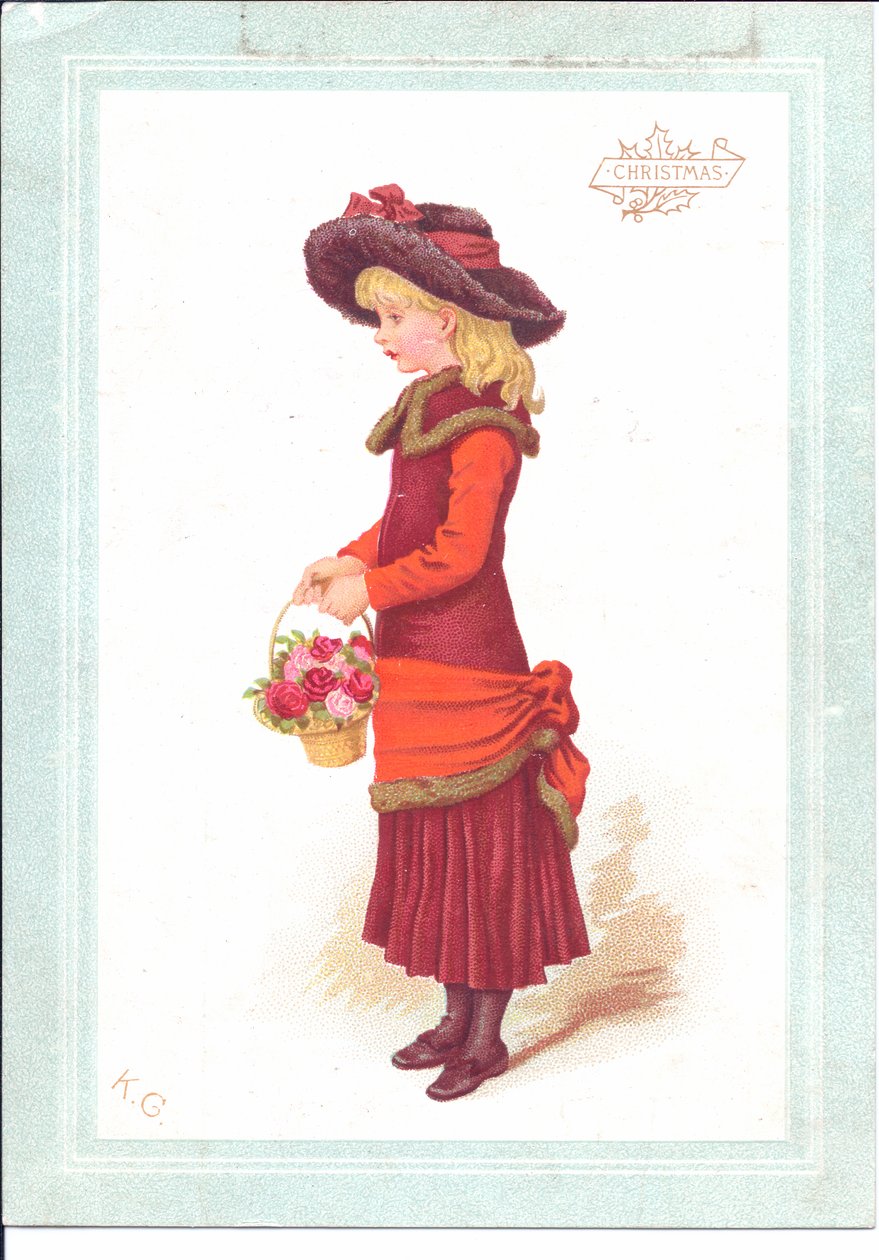 一个孩子的维多利亚女王时代的贺卡穿着摄政服装，c.1880 作者 凯特·格林威（Kate Greenaway）