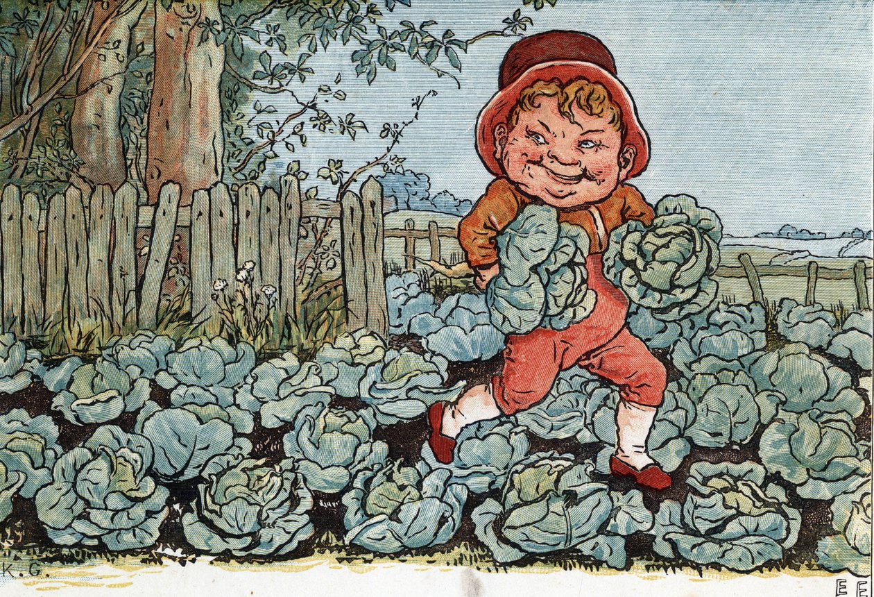 一个地精从菜园子里偷了卷心菜。(A Goblin Stealing Cabbages)。凯特-格林纳威（1846-1901）的插图，出自埃德蒙-埃文斯编辑的儿童故事和童谣书《窗下》（1879）。 作者 凯特·格林威（Kate Greenaway）