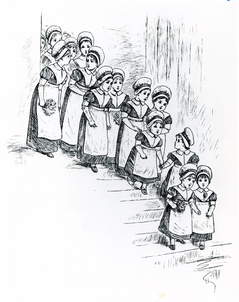 慈善儿童，约1880年（雕刻）。 作者 凯特·格林威（Kate Greenaway）