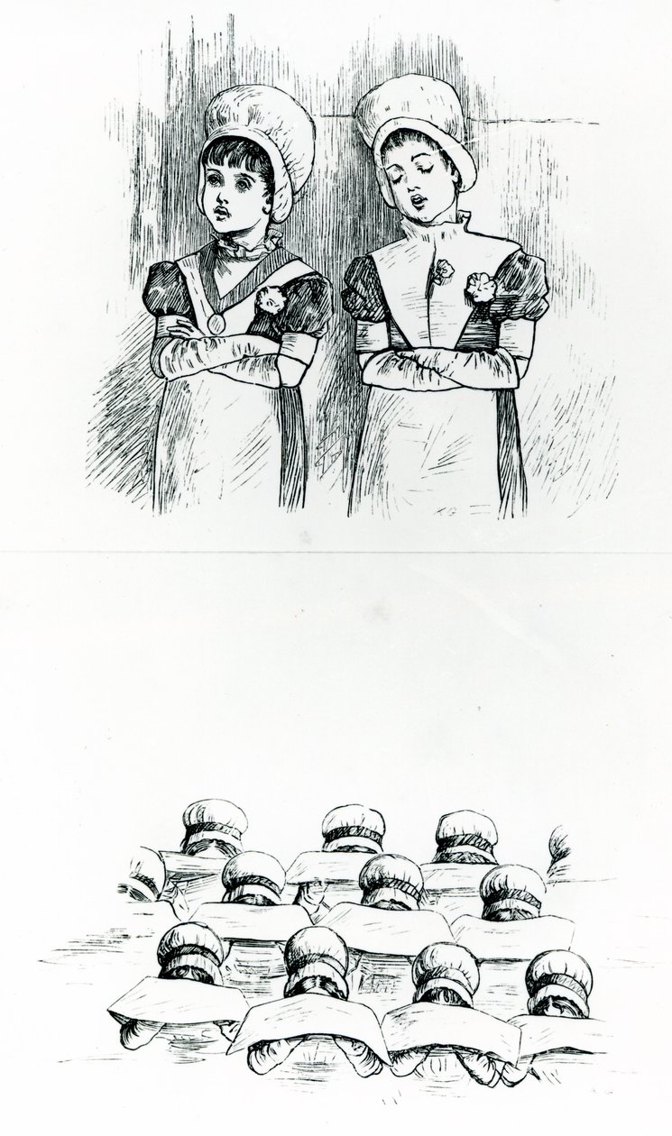 慈善儿童，约1880年（雕刻）。 作者 凯特·格林威（Kate Greenaway）