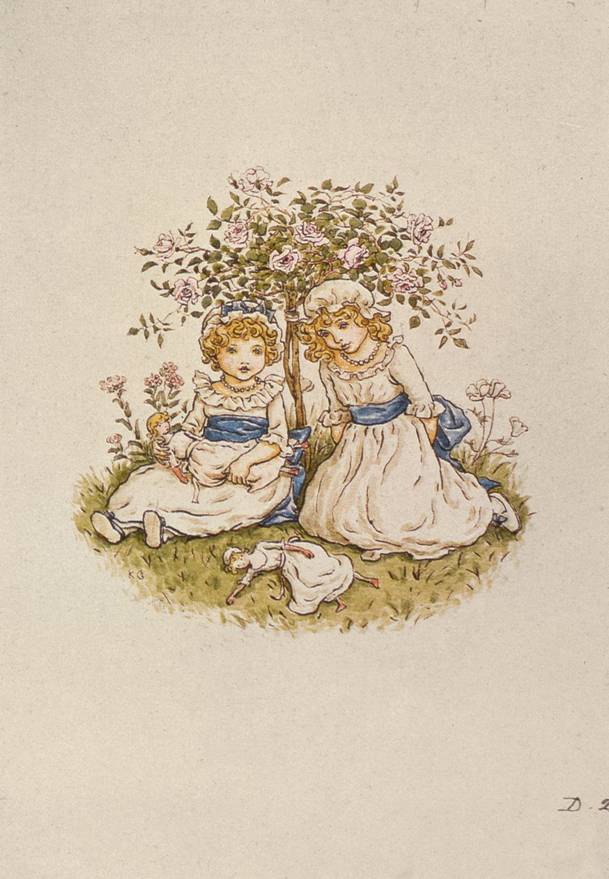 有玩偶的两个女孩坐在玫瑰丛下，19世纪 作者 凯特·格林威（Kate Greenaway）