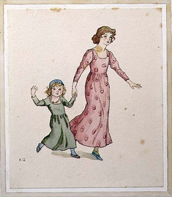 两个穿宴会裙的小女孩（纸上水彩画） 作者 凯特·格林威（Kate Greenaway）