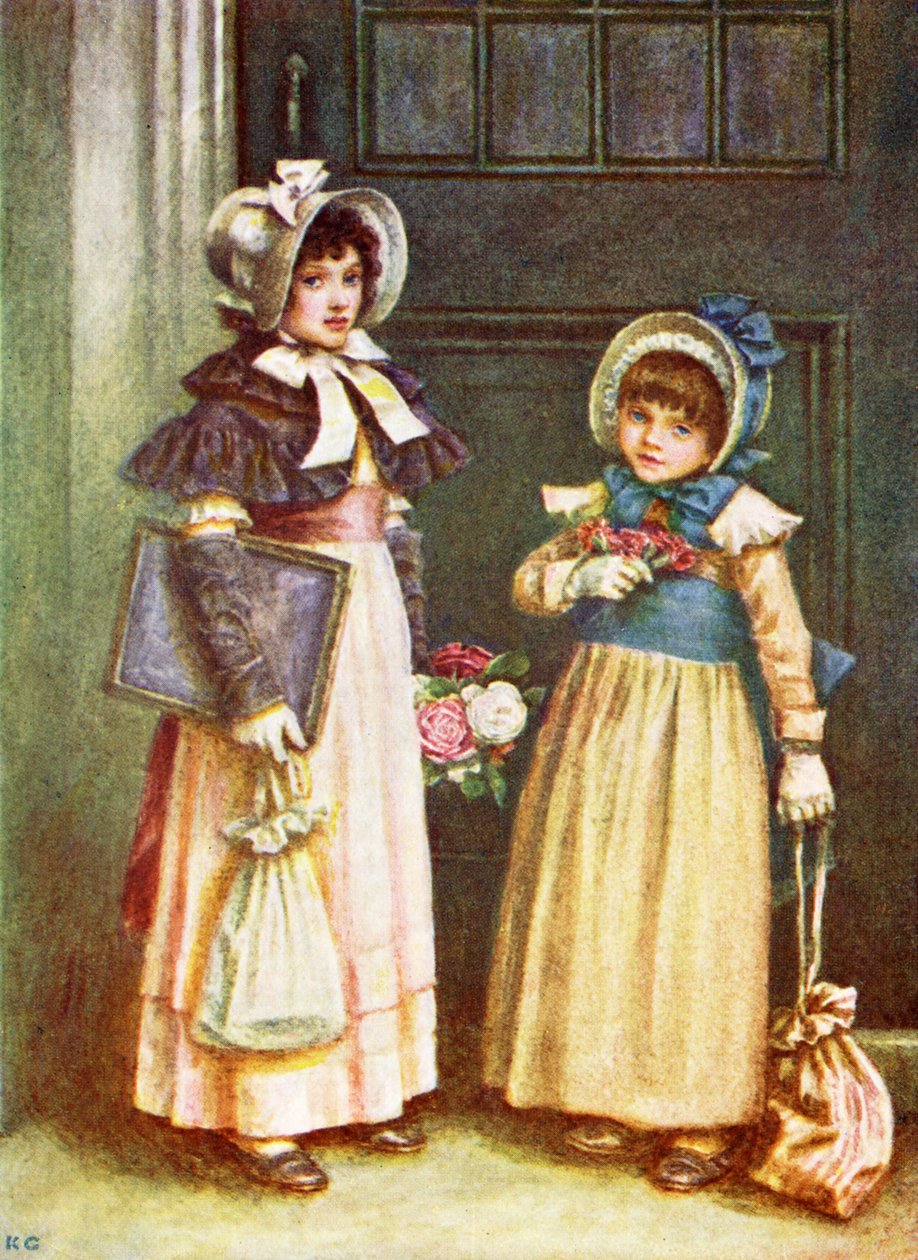 凯特-格林纳威的《两个女孩去上学》。 作者 凯特·格林威（Kate Greenaway）