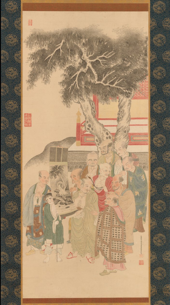 十罗汉在检查白袍观音的画，1792年。 作者 加藤信清
