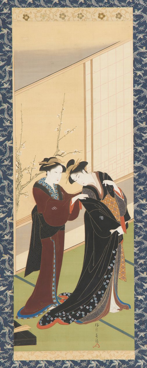 内部：一个女人帮助一个女孩穿衣服，江户时期，1726-1792。 作者 胜川俊町