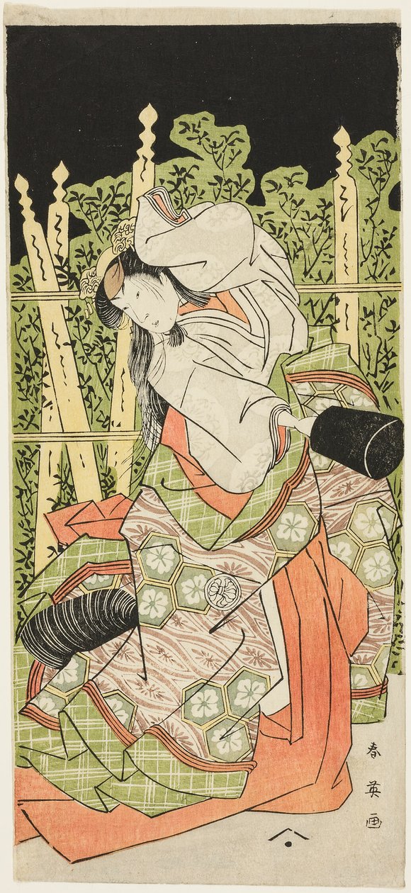 演员 Segawa Kikunojô III 可能在《小町村：小町村：剧场里的新年》（"Komachimura shibai no shôgatsu") 作者 胜川俊英