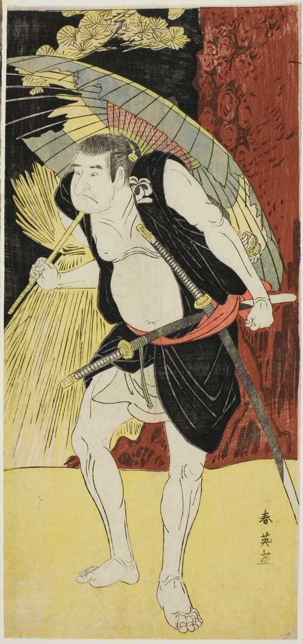 演员 Mimasu Tokujirô I 饰演 Hayano Kampei（左），Nakayama Kojûrô VI 饰演 Ono Sadakurô（右），出演《四十七忠臣之库》（"Kanadehon chûshingura"）。 作者 胜川俊英