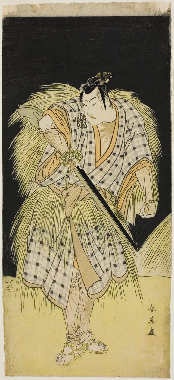 演员 Mimasu Tokujirô I 饰演 Hayano Kampei（左），Nakayama Kojûrô VI 饰演 Ono Sadakurô（右），出演《四十七忠臣之库》（"Kanadehon chûshingura"）。 作者 胜川俊英