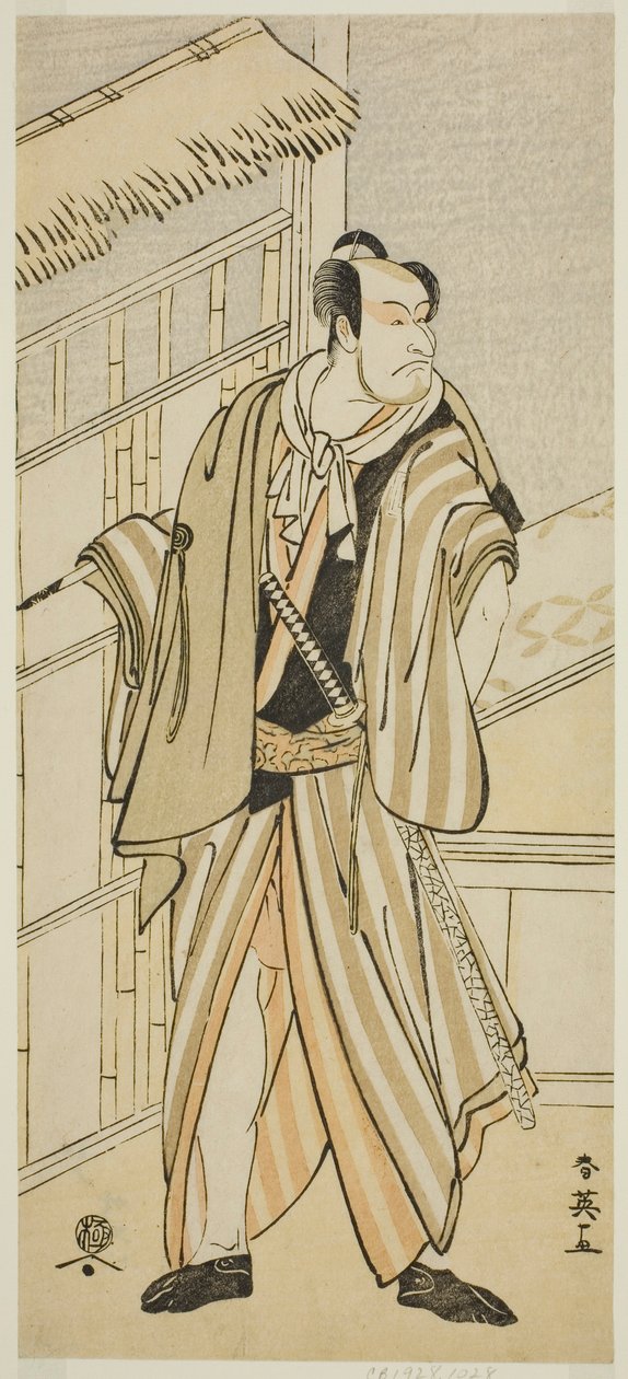 1793年2月在川崎剧场上演的《五千狩相扑曾我》中饰演半嘴长兵卫的演员市川惠比藏（丹朱郎五世）。 作者 胜川俊英