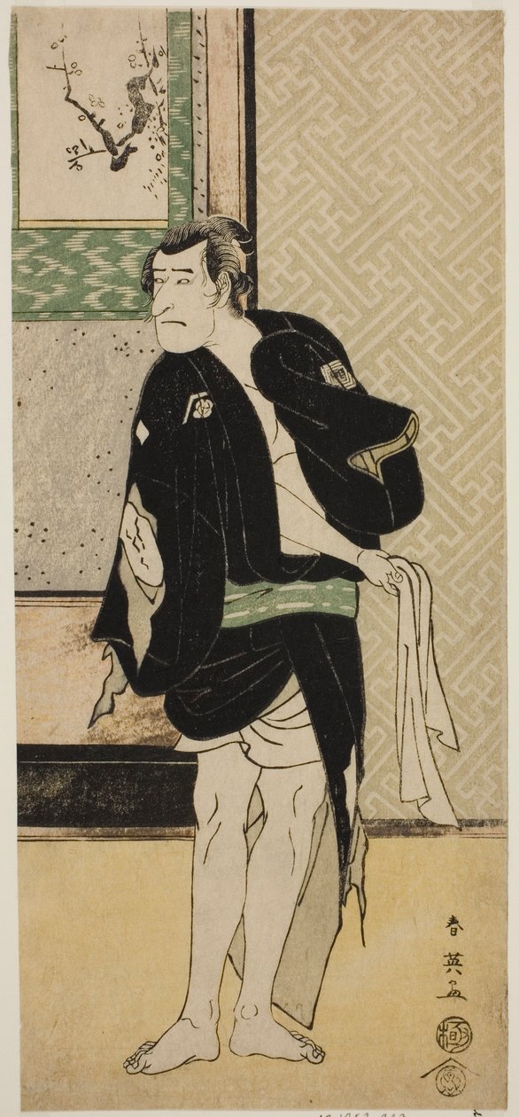 1790 年正月在中村剧场（？）演出的《曾我春之西伊达丈目》中扮演曾我之道三郎的演员市川驹藏二世，伪装成流氓户兵卫（？ 作者 胜川周内