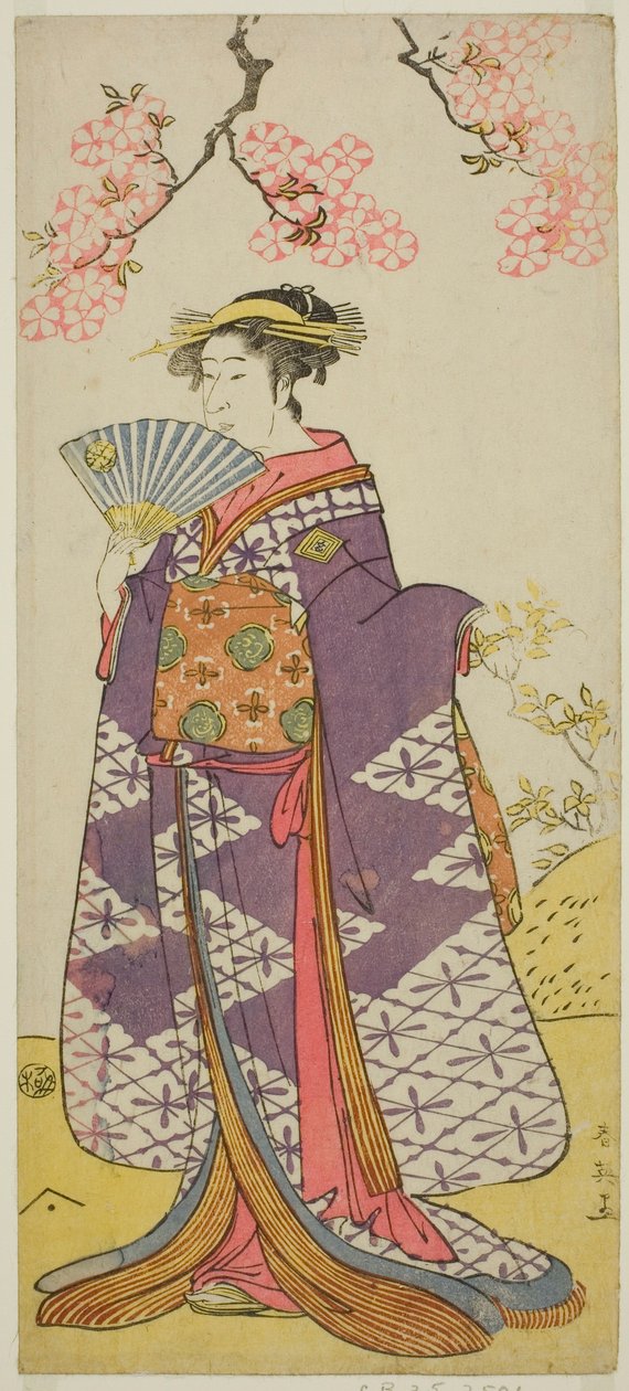 1791 年 3 月在川崎剧场上演的《初绿西外曾我》中饰演白菊夫人灵魂的演员市川驹藏二世 作者 胜川俊英