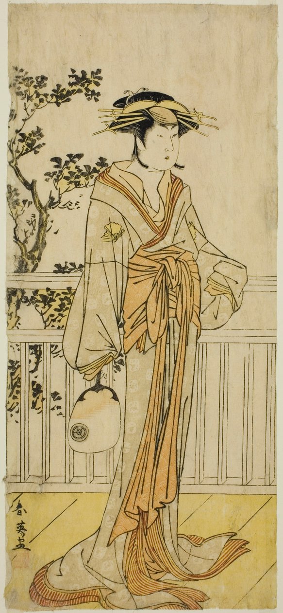 1789 年 5 月在市村剧院（？）演出的话剧《三重国的友船之觐见》中饰演三重堂扇子店的 Okumi 的演员岩井半四郎（？ 作者 胜川俊英