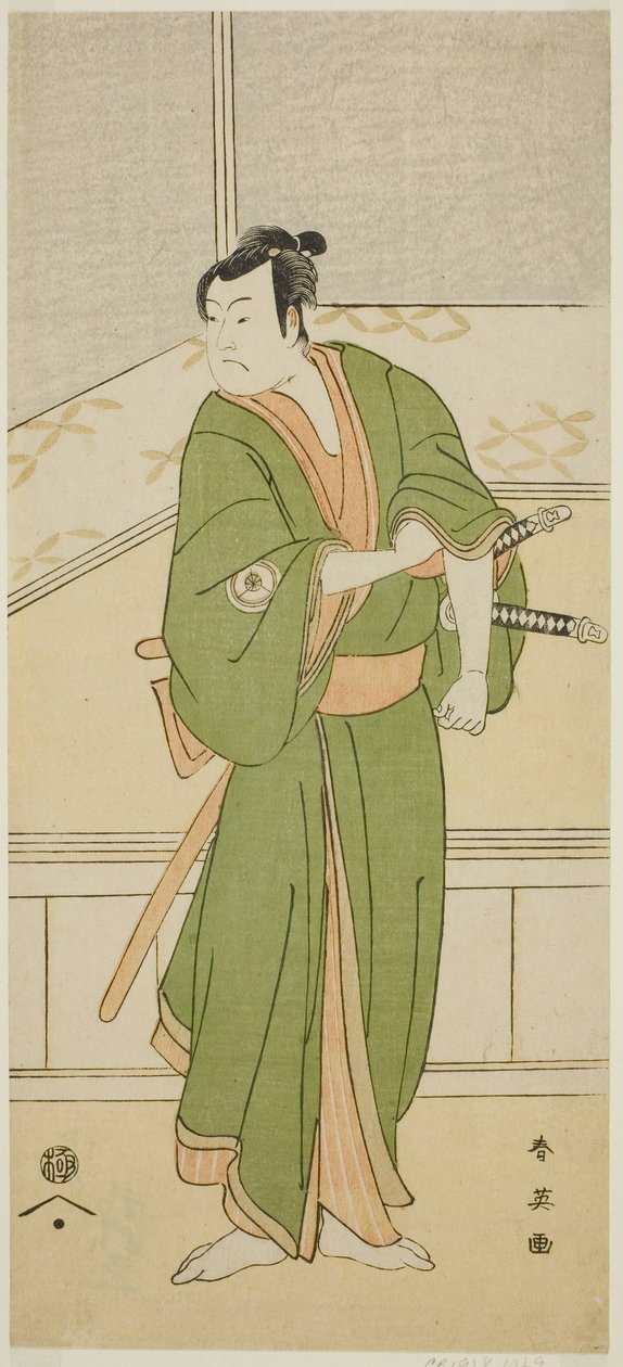 1793 年 2 月在川崎剧场演出的《五千狩相扑曾我》中饰演白井贡八的演员岩井半四郎。 作者 胜川俊英