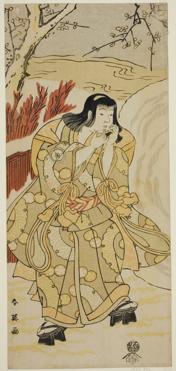 1793 年 11 月在川崎剧场演出的话剧《尼吉瓦伊源氏花朔卡多》中饰演在大雪球旁用手吹雪的男孩的演员岩井半四郎 作者 胜川俊英