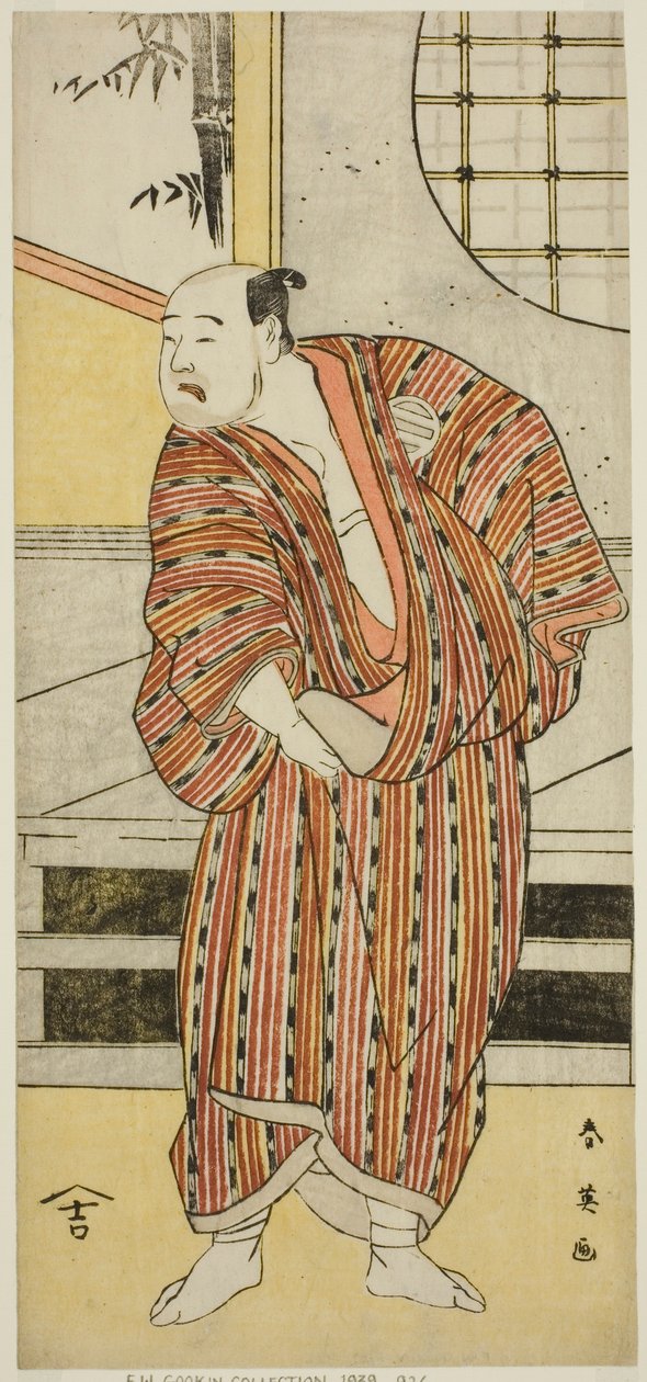 1796 年正月在宫古剧场（？）上演的《古岳神青柳曾我》中饰演早川又兵卫的演员片冈尼左卫门七世（？ 作者 胜川俊英