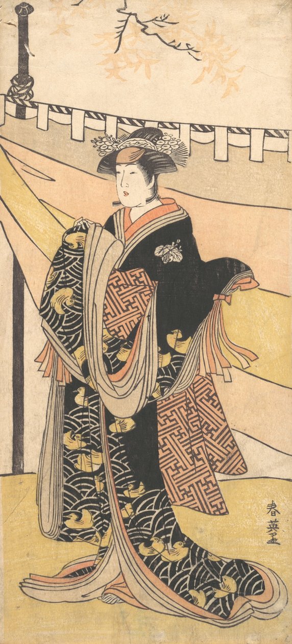 演员中山富三郎在秋枫树下野餐时扮演的女人，约1792年。 作者 胜川俊英