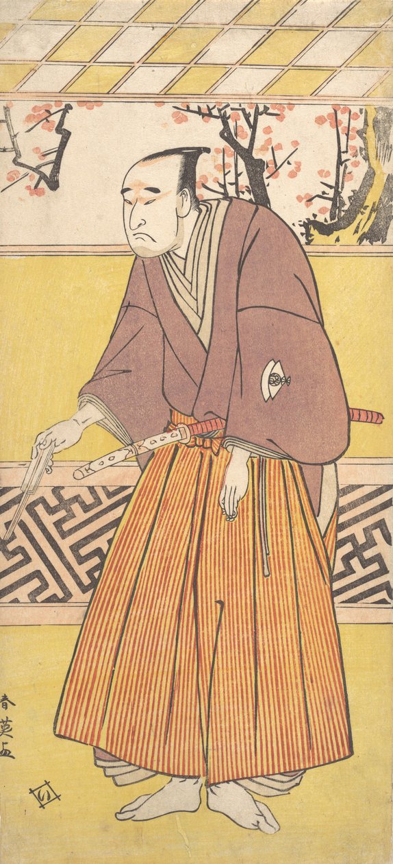 演员Onoye Matsusuke I，作为一个男人，右手拿着一个封闭的风扇，约1780年。 作者 胜川俊英